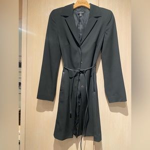 Bebe long blazer with leather trim front pockets, & leather tie belt, size 4